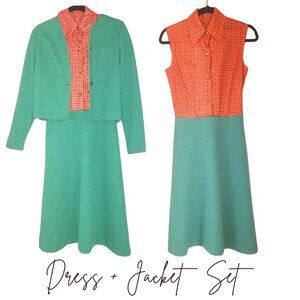 Jonathan Logan Vibrant Orange and Green Midi Dress with Matching Jacket. Size S.